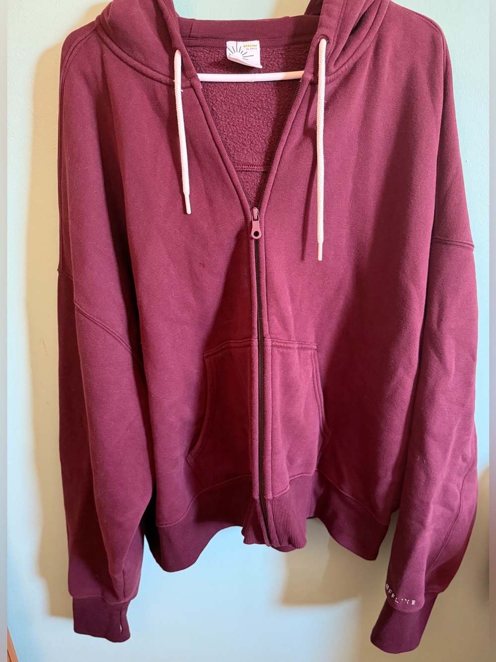 aerie Maroon Full-Zip Hoodie with Drawstrings